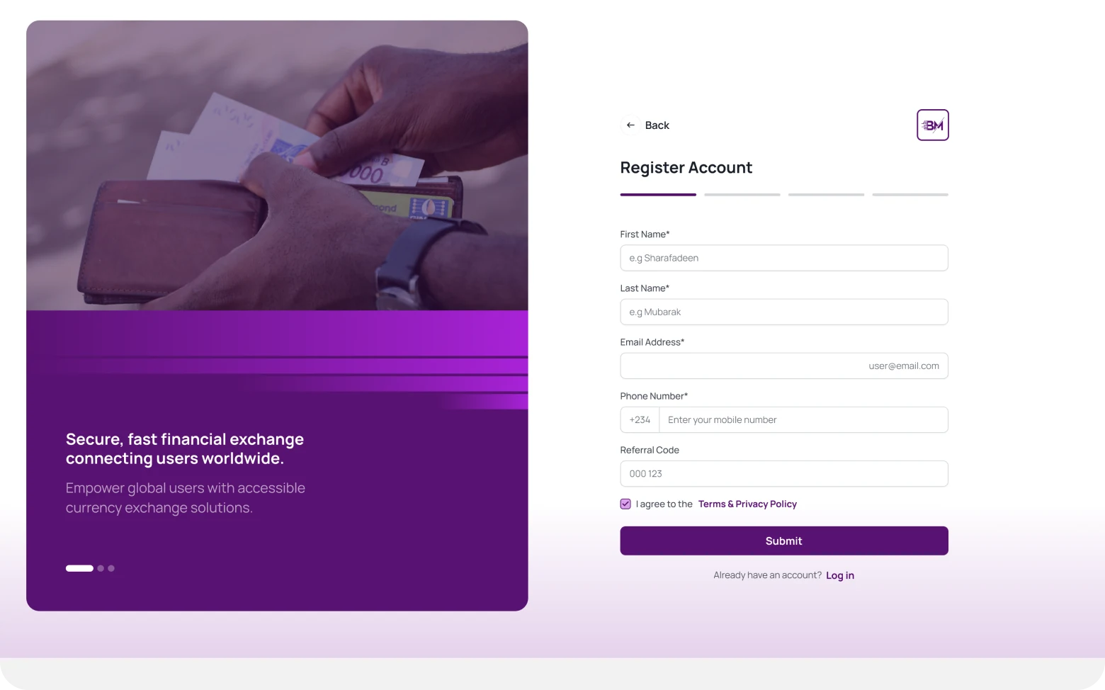 Register account — onboarding and verification