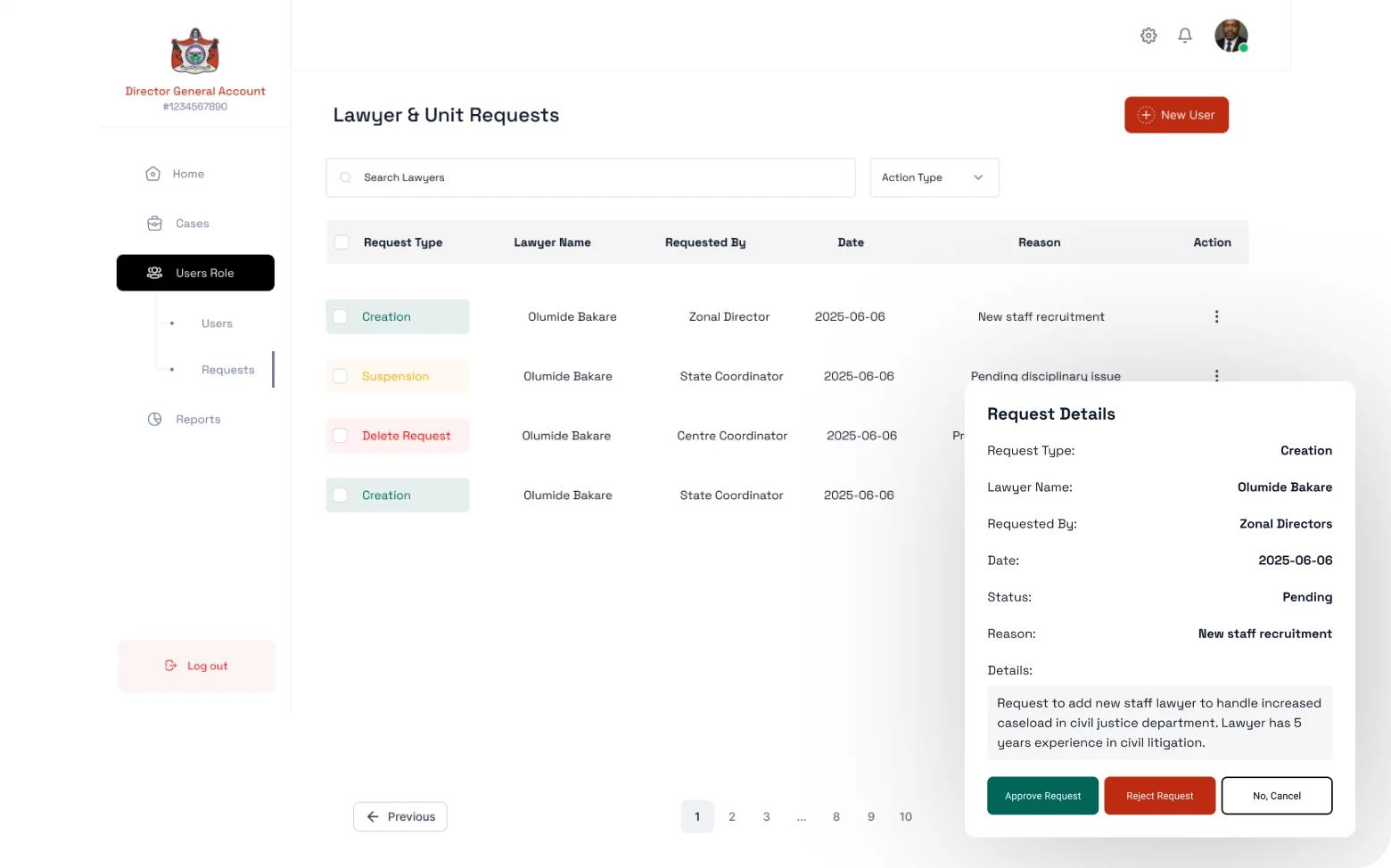 Lawyer and unit requests with review modal